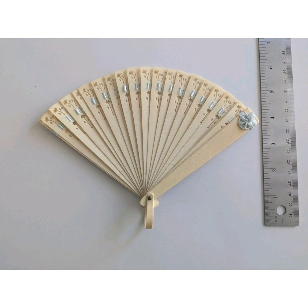 VTG Ivory Celluloid Plastic Fan with Blue Ribbon Accent Vintage 1920s or 30s